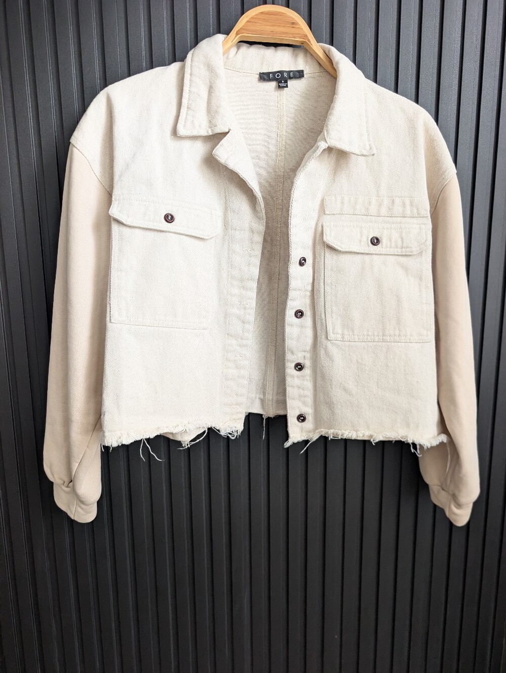 FORE Beige Cropped Jacket with Frayed Hem Size S